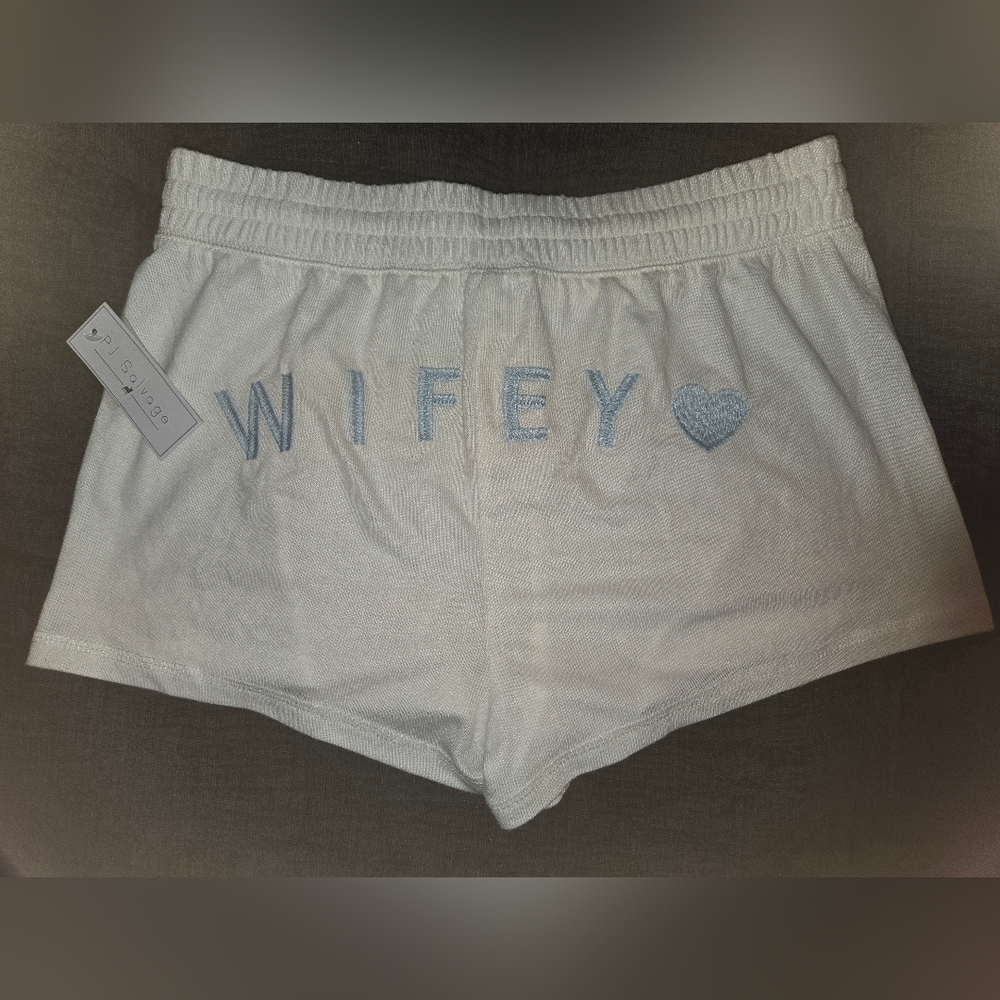 PJ Salvage White 'Wifey' Shorts with Blue Embroidery